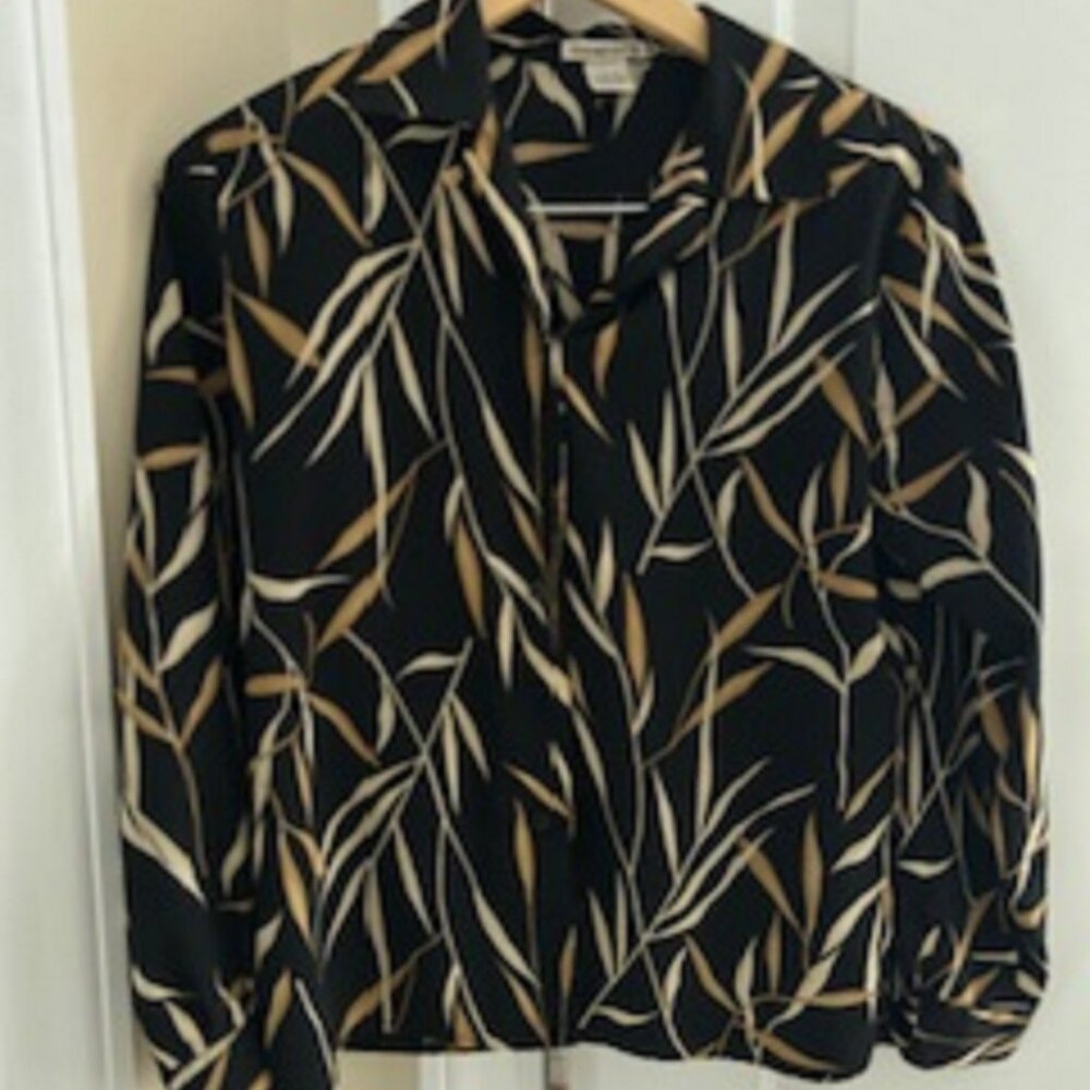 Women's Shirt Long Sleeve Brand: Notations Button Enclosure Black Gold Tan Small